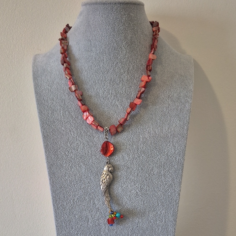 Parrot &Pink Mother Of Pearl 3 Piece Necklace, Braclet, Earring Set